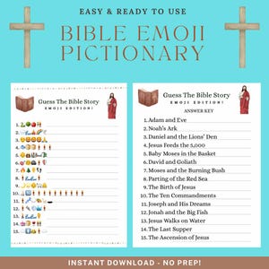 May include: A teal background features a Bible Emoji Pictionary game. The game includes a list of Bible stories with corresponding emojis. The answer key is also provided. The text "Easy & Ready to Use" and "Instant Download - No Prep!" are included.