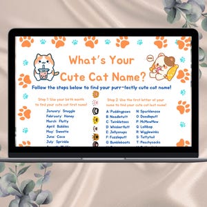 May include: A laptop screen displays a fun, colorful graphic titled "What's Your Cute Cat Name?" with instructions to find a cat name based on birth month and the first letter of your name. The design includes paw prints and cartoon cat illustrations.