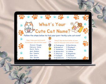May include: A laptop screen displays a fun, colorful graphic titled "What's Your Cute Cat Name?" with instructions to find a cat name based on birth month and the first letter of your name. The design includes paw prints and cartoon cat illustrations.