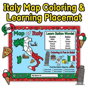 Italian Activity Placemat for Kids: Printable Italy Map Coloring Page, Learn Italian Words, Find Objects Game Ages 5-10