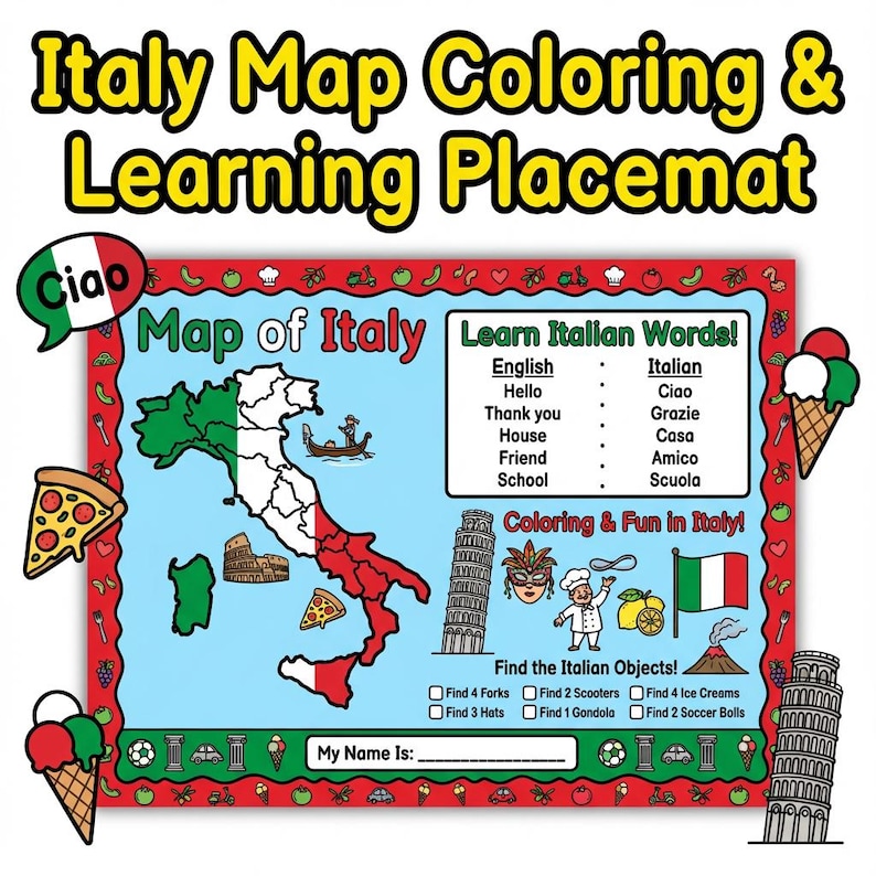 Italian Activity Placemat for Kids: Printable Italy Map Coloring Page, Learn Italian Words, Find Objects Game Ages 5-10