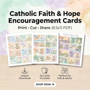 May include: Catholic Faith & Hope Encouragement Cards, featuring inspirational quotes and imagery. The cards are designed for print, cut, and share, with a PDF size of 8.5x11 inches. Includes 24 cards with various designs and themes.