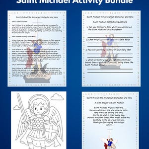 May include: A Saint Michael Activity Bundle with four pages. The top left page has text about Saint Michael. The top right page has reflection questions. The bottom left page has a coloring page. The bottom right page has a prayer.