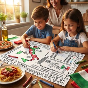 Italian Activity Placemat for Kids: Printable Italy Map Coloring Page, Learn Italian Words, Find Objects Game Ages 5-10
