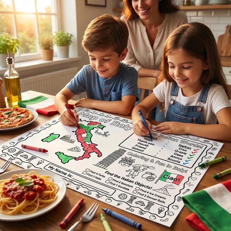 Italian Activity Placemat for Kids: Printable Italy Map Coloring Page, Learn Italian Words, Find Objects Game Ages 5-10