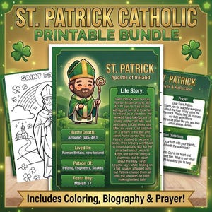 May include: A printable bundle featuring St. Patrick, including coloring pages, biography, and prayer cards. The design includes a cartoon illustration of St. Patrick, shamrocks, and text. The bundle is designed for educational and religious purposes.