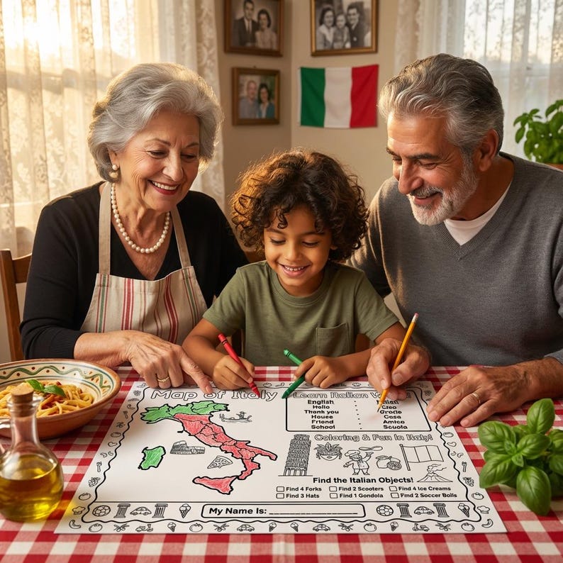 Italian Activity Placemat for Kids: Printable Italy Map Coloring Page, Learn Italian Words, Find Objects Game Ages 5-10
