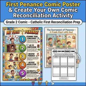 以下が含まれることがあります： 「First Penance Comic Poster & Create Your Own Comic Reconciliation Activity」と題された、カラフルな教育ポスター。和解のためのイラスト付きの手順、漫画、そして「Grade 2 Comic - Catholic First Reconciliation Prep」というテキストが特徴です。