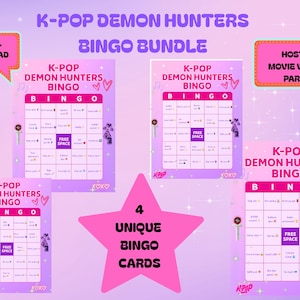 K-Pop Demon Hunters Bingo Game Bundle – 4 Unique Printable Cards for Movie Night, Watch Party, Birthday Party or Sleepover – Family Fun
