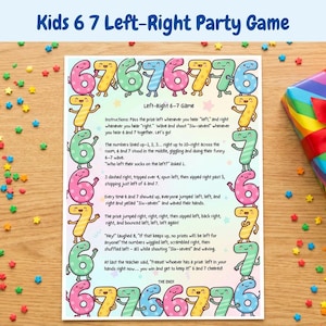 Può includere: Un gioco di società per bambini intitolato "Kids 6 7 Left-Right Party Game". Il gioco presenta istruzioni e numeri dei cartoni animati. È visibile anche un regalo confezionato con un fiocco rosso e coriandoli a forma di stella.