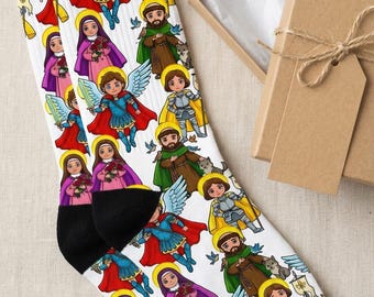Religious Superhero Saint Socks – St Michael Gift, Joan of Arc, St Francis, St Therese – Religious Kids Gift, Faith Apperel for Boys & Girls