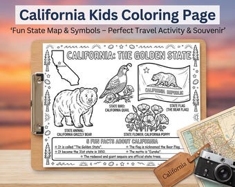 California Coloring 50 States For Kids Homeschool Geography State Map Printable – Road Trip Coloring And Facts, Bird, Poppy Flower, Flag