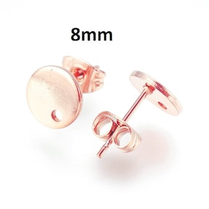 10 pcs. (5 pairs) 304 Stainless Steel Rose Gold Earring Posts/Bases/Studs/Settings - 12mm Length - 8mm Diameter - Hole Size: 1mm