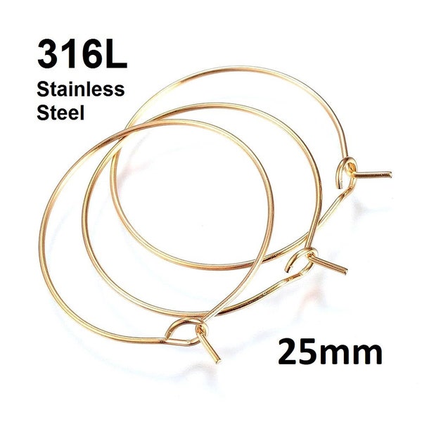 10 pcs 316L Surgical Stainless Steel Golden Wine Charm / Earwire Hoop Rings - 25mm - 20 Gauge (0.8mm Thick)-Tarnish Resistant-Hypoallergenic