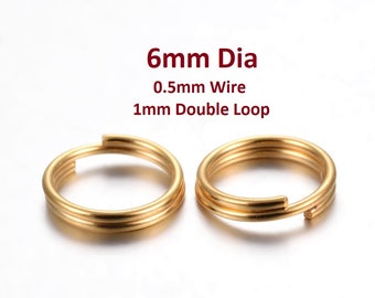 50 pcs Double Rings - 304 Stainless Steel Golden Split Jump Rings - 6mm - 0.5mm Wire Thickness - 1mm Total Thickness - Tarnish Resist