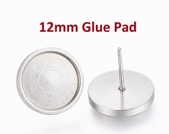 10 x 304 Stainless Steel Earring Studs 12mm Bezels GLASS & Clutch Kit Free Post 