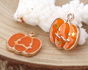 10 pcs. Gold Plated Halloween Pumpkin Jack O Lantern Enamel Charms - 20mm - Double Sided