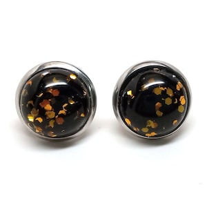 2 Stück (1 Paar) Ohrstecker aus 304 Edelstahl - 12mm Glaskacheln - 14mm Durchmesser mit Rand - Schwarz und Gold Glitzer - Hypoallergen!