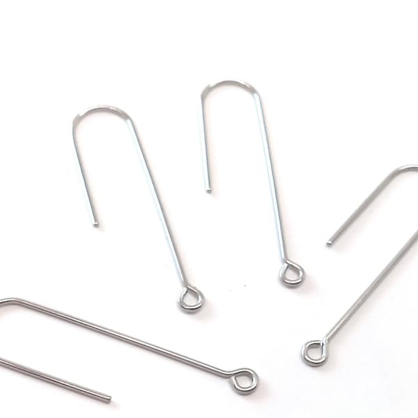 20 pcs 304 Stainless Steel Earring Hooks - 37mm x 11mm - Hole: 1.7mm - Long Ear Wire Stick Bar - Silver - Parallel Loop