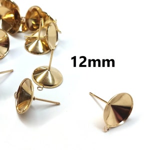 10 pcs. (5 pairs) 304 Stainless Steel Earring Cone Posts Studs with Parallel Loop - Golden - For 12mm Pointed Back Rhinestones - Hole: 1mm
