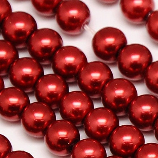 10mm Red Glass Pearl Imitation Round Beads - 16 inch strand - Approx 40-42 pieces - Environmentally Dyed!