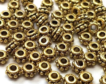 100 pcs Antique Gold Tone Filigree Carved Rondelle Spacer Beads- 5mm x 3mm - Hole Size: 1.8mm