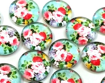 10 pcs Circle Flower Glass Round Dome Seals Tiles Cabochons - 12mm - Pink Rose with Teal Background