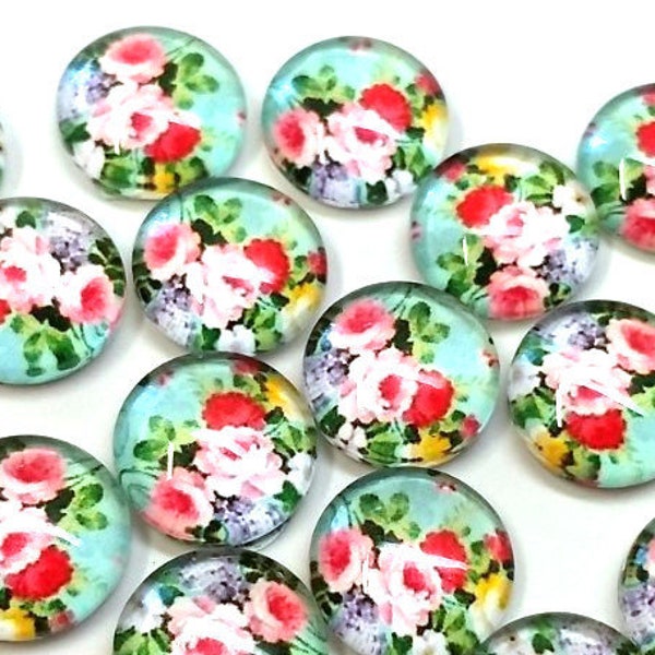 10 pcs Circle Flower Glass Round Dome Seals Tiles Cabochons - 12mm - Pink Rose with Teal Background