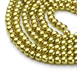 4mm Apple Green Glass Pearl Imitation Round Beads - 32 inch strand - Approx. 215 beads - Hole Size: 1mm