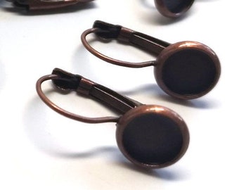 10 pcs. Antique Copper Earring Clips Settings Lever Back Bezels Cabochons - 8mm Glue Pad Setting