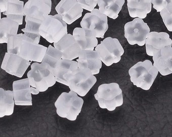 100 pcs (50 Pairs) Clear Translucent Plastic Earring Back Stoppers Nuts - 4mm x 2.5mm - Flower -  Hole Size: 0.7mm