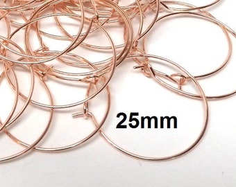 100 Rose Gold Plated Wine Charm  /Earwire Hoop Rings - 25mm - 1 inch - 20 Gauge (0.8mm Thick)