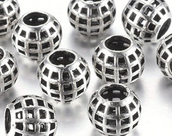 10 pcs. Antique Silver Metal Checkered Round Spacer Beads - 11mm - Large Hole: 5mm - Fits European Cords and Paracord!