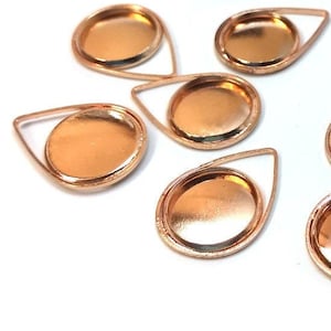 10 pcs. Dark Rose Gold Pendant Circle Posts Settings Bezels Tray Cabochons - 12mm Glue Pad Setting (Cameo Setting Diameter) - Teardrop