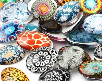 CAB2B3 5 Oval 18mm Cabochons Mosaic Printed half domed glass
