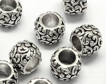 20 pcs. Antique Silver Metal Filigree Carved Rondelle Spacer Beads - 10mm - Large Hole: 5mm - Fits European Cords and Paracord!