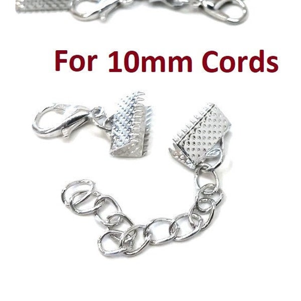 10 sets -  Silver Tone Bracelet and Necklace End Tips Crimps with Lobster Claw Clasps and Extender Chains - For 10mm Wide Cords
