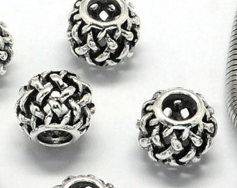 10 pcs Antique Silver Weave Metal Rondelle Ball Spacer Beads - 11mm - Large Hole: 4.5mm - Fits European Cords and Paracord!