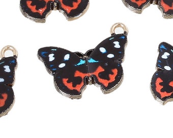 10 pcs. Gold Plated Multicolored Black, Red and Blue Butterfly Charms Pendants - 20mm x 15mm - Hole Size: 1.6mm - Butterflies