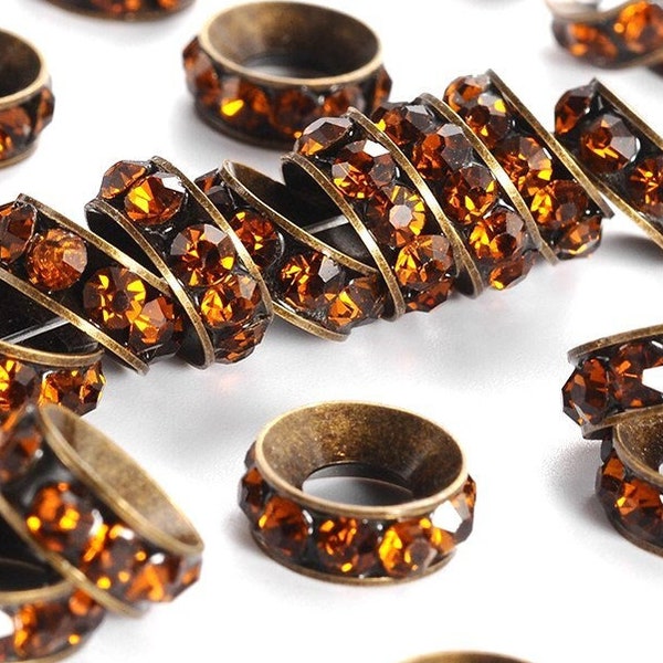 10 pcs Antique Bronze Orange Rhinestone Rondelle Spacer Beads - 10mm x 4.2mm - Grade A - Hole Size: 4.2mm - Straight Edge