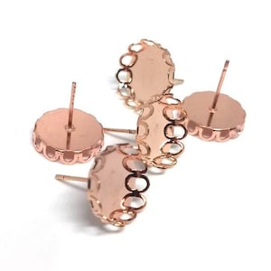 10 pcs. Rose Gold Plated Earring Posts Studs Settings Bezels Cabochons Tacks- 12mm Glue Pad Setting - Crown Design