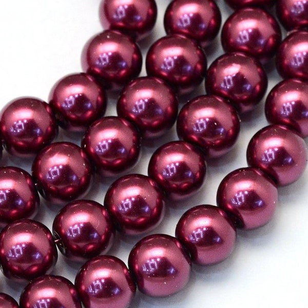 8mm Burgundy Red Glass Pearl Imitation Round Beads - 32 inch strand - Hole Size: 1mm - Approx. 105 beads