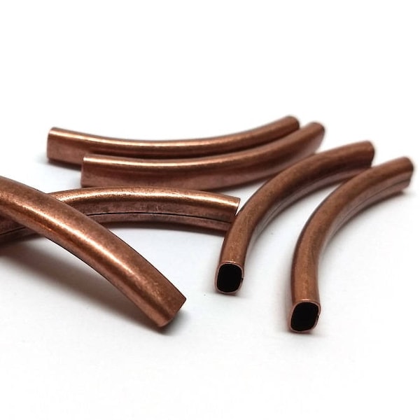 6 pcs. Antique Copper Metal Noodle Rectangle Oval Tube Long Curved Beads - 42mm x 6mm - Hole Size: 4.5mm x 2.5mm