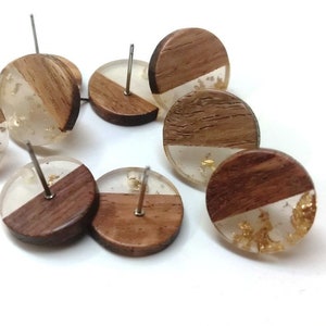 6 pcs Wood and Resin Alloy Earring Posts Studs Tacks - 15mm - Silver Tone - Gold Metal Foil - Hole: 1.5mm - Rubber Backs Included!