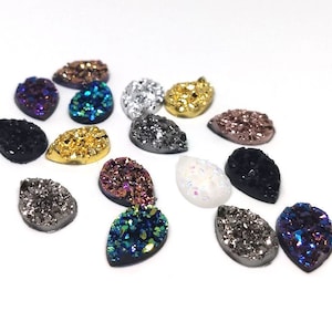 10 pcs Druzy Resin Embellishment Cabochons Assortment - 14x10mm - Teardrop - 14mm x 10mm - 3mm Thick