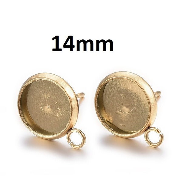 10 pcs. 304 Stainless Steel Golden Earring Posts Studs Settings Bezels Cabochons Tacks with Parallel Loop - 14mm Glue Pad Setting