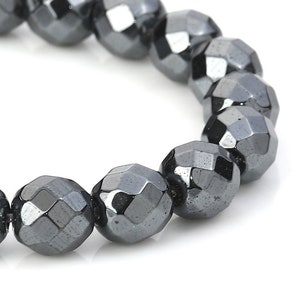 50 pcs. - 8mm Gunmetal Black Hematite Faceted Round Beads - 15 6/8 inch strand (40cm) - 0.9mm Hole Size - Grade A