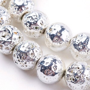 8mm Electroplated Natural Stone Lava Round Beads - Silver Plated - 15.35" strand - Hole Size: 1mm - Approx. 46 pieces per strand