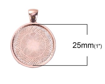 5 pcs. Rose Gold Plated Pendant Trays Circle Posts Settings Bezels Cabochons - 25mm Glue Pad Setting (1 inch)