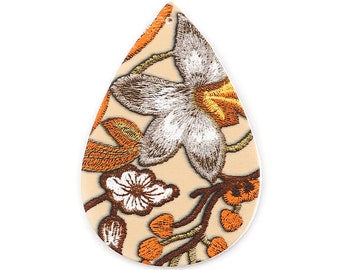 - Double Sided 2.2 Orange Floral Embroidered Faux Leather Dangle Charms Pendants Brown 56mm Teardrop Beige 10 pcs